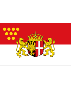 Fahne: Das Wappen der Stadt Neuss zeigt auf einem von Schwarz und Rot gespaltenen Schild im schwarzen  linken  Feld einen rot bewehrten